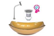 Cuba de vidro oval chanfrada 46cm dourado real + valvula + torneira