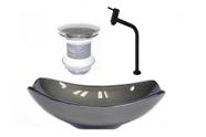 Cuba de vidro oval chanfrada 46cm grafite + valvula + torneira metal preta + sifao