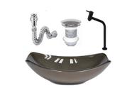 Cuba de vidro oval chanfrada 46cm marrom + valvula + torneira metal preta + sifao
