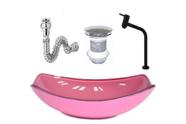Cuba de vidro oval chanfrada 46cm rosa + valvula + torneira metal preta + sifao