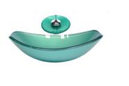 Cuba de vidro oval chanfrada 46cm verde + valvula + torneira cascata