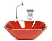 Cuba de vidro quadrada 35cm vermelho ferrari + valvula + torneira metal