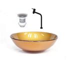 Cuba de vidro redonda 31cm dourado real + valvula + torneira preta