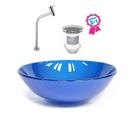 Cuba de vidro redonda 35cm azul escuro + válvula click + torneira de metal