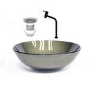 Cuba de vidro redonda 42cm ouro envelhecido + valvula + torneira preta