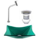Cuba de vidro retangular 39cm verde + valvula click + torneira