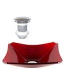 Cuba de vidro retangular chanfrada 37cm vermelho cereja + válvula click