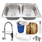 Cuba dupla aço inox 304 + torneira de parede tábua e lixeira