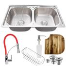 Cuba dupla aço inox 304 + torneira flexível vermelha e tábua