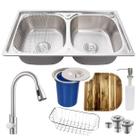Cuba dupla aço inox304 + torneira extensível tábua e lixeira