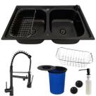 Cuba Dupla Gourmet Aço Inox Preta + Torneira Preta E Lixeira
