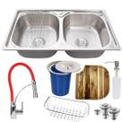 Cuba dupla inox 304 + tábua lixeira e torneira flexível verm Cuba dupla inox 304 + tábua lixeira e torneira flexível verm