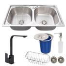 Cuba dupla inox escovado torneira misturador black e lixeira