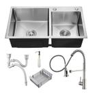 Cuba Dupla Prata Gourmet Pia Aço Inox Acessórios + Torneira Misturador Monocomando Extensível Brinovar