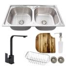 Cuba inox dupla escovada +torneira monocomando black e tábua