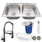 Cuba inox escovado dupla + torneira gourmet preta e lixeira Cuba inox escovado dupla + torneira gourmet preta e lixeira