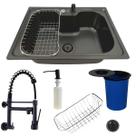 Cuba inox preta 60x42cm +torneira de parede preta e lixeira