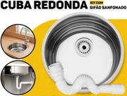 Cuba Inox Redonda 30x14 De Embutir Tramontina + Sifão Sanfonado Universal Metasul P/ Cozinha Ou Lavanderia