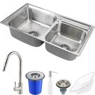 Cuba para cozinha pia dupla com acessórios lixeira Torneira monocomando gourmet Pingoo Escovado
