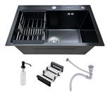 Cuba Pia Inox Preta Quadrada Cozinha Gourmet 60cm com Acessórios