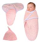 Cueiro Swaddle Algodão Ajuste Auto-colante Touca Floral Rosa - Cueiro Swaddle Algodão Ajuste Auto-colante Touca Floral Rosa -