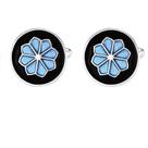 Cufflinks, esmalte floral azul para homens, design redondo com prata