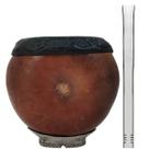 Cuia Gajeta Uruguaia de Porongo com Borda e Bomba 19cm Lisa Aço Inox Cano Largo Mola