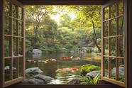 Decalques de janela falsos WOOHOOROO Koi Pond and Garden View 32x48