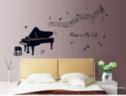 Decalques de parede com piano preto e notas musicais removíveis