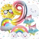 Decorações de aniversário Paeyeq Rainbow 9th com balões e fita Decorações de aniversário Paeyeq Rainbow 9th com balões e fita
