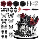 Decorações de bolo TSVATE Gothic 26 unidades pretas com rosa vermelha, caveira