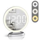 Despertador digital redondo iluminado por espelho, superfície espelhada para maquiagem, tela grande, fácil configuração, horário de verão automático, escurecimento automático, porta USB, decoração moderna para casa, quarto, escritório, presente para mulheres, meninas, prata