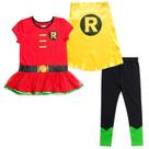 Disfraz de Robin de DC Comics para niña pequeña con vestido, leggings y capa 5T