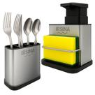 Dispenser Porta Detergente com Escorredor e Organizador de Talheres, Compartimento de Utensílios, Inox Preto Prateado Irsina