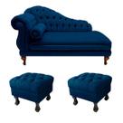 Divã Recamier Namoradeira Larissa 150cm + 2 Puffs Retrô Suede Azul Marinho - LM DECOR Divã Recamier Namoradeira Larissa 150cm + 2 Puffs Retrô Suede Azul Marinho - LM DECOR