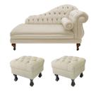 Divã Recamier Namoradeira Larissa 150cm + 2 Puffs Retrô Suede Bege - LM DECOR Divã Recamier Namoradeira Larissa 150cm + 2 Puffs Retrô Suede Bege - LM DECOR