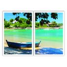 Dois Quadros Decorativos com Moldura de Madeira 90x60 Paisagem Barco na Praia Sala Quarto Escritório