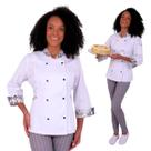 Dólmã Feminina Para Chef Cozinha Floral Preto Uniforme 100% Algodão Acinturado Gambuza Para Cozinheira Restaurante Padaria Doceria