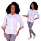Dólmã Feminina Para Chef De Cozinha 100% Algodão Branco Floral Acinturada Uniforme Gambuza Cozinheira Restaurante Doceria Padaria