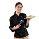 Dólmã Feminina Para Chef De Cozinha Acinturada Preto Detalhes Branco Uniforme Gambuza Cozinheira Restaurante Padaria Confeitaria