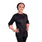 Dólmã Feminina Para Chef De Cozinha Estampa Preto Cerejas Uniforme Acinturado Cozinheira Restaurante Padaria Confeitaria