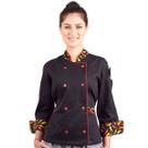 Dólmã Feminina Para Chef De Cozinha Preto Estampa Pimentas Uniforme Acinturado Para Cozinheira Restaurante Pizzaria Hambugueria