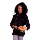 Dólmã Para Chef Cozinha Feminina Preto Com Detalhes Rosa Gambuza Acinturada 100% Algodão Uniforme Restaurante Padaria Lancheria Confeitaria