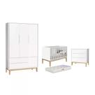 Dormitório Classic 3 Portas, Cômoda 3 Gavetas Branco com Pés Madeira Natural e Colchão D18 - Reller Móveis