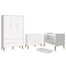 Dormitório Completo Infantil Theo 3 Portas, Cômoda 6 Gavetas, Berço Branco Fosco com Pés Amadeirado Dormitório Completo Infantil Theo 3 Portas, Cômoda 6 Gavetas, Berço Branco Fosco com Pés Amadeirado