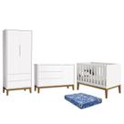 Dormitório Infantil Classic 2 Portas, Cômoda 1 Porta, Berço Branco com Pés Amadeirado e Colchão - Reller Móveis