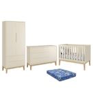 Dormitório Infantil Classic 2 Portas, Cômoda 1 Porta, Berço com Pés Madeira Natural e Colchão - Reller Móveis