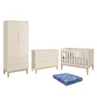 Dormitório Infantil Classic 2 Portas, Cômoda 6 Gavetas, Berço com Pés Madeira Natural e Colchão - Reller Móveis
