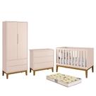 Dormitório Infantil Classic 2 Portas, Cômoda, Berço Rosa com Pés Amadeirado e Colchão D18 - Reller Móveis