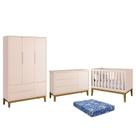 Dormitório Infantil Classic 3 Portas, Cômoda 1 Porta, Berço Rosa com Pés Amadeirado e Colchão - Reller Móveis